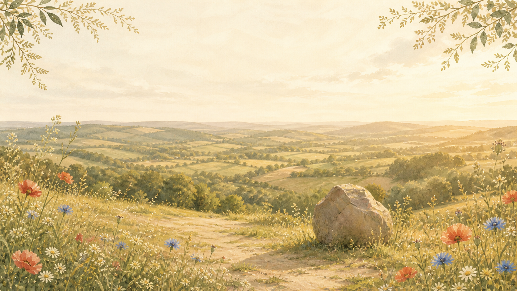 Poet’s Stone overlooking rolling Hampshire hills, framed by poppies and blue cornflowers